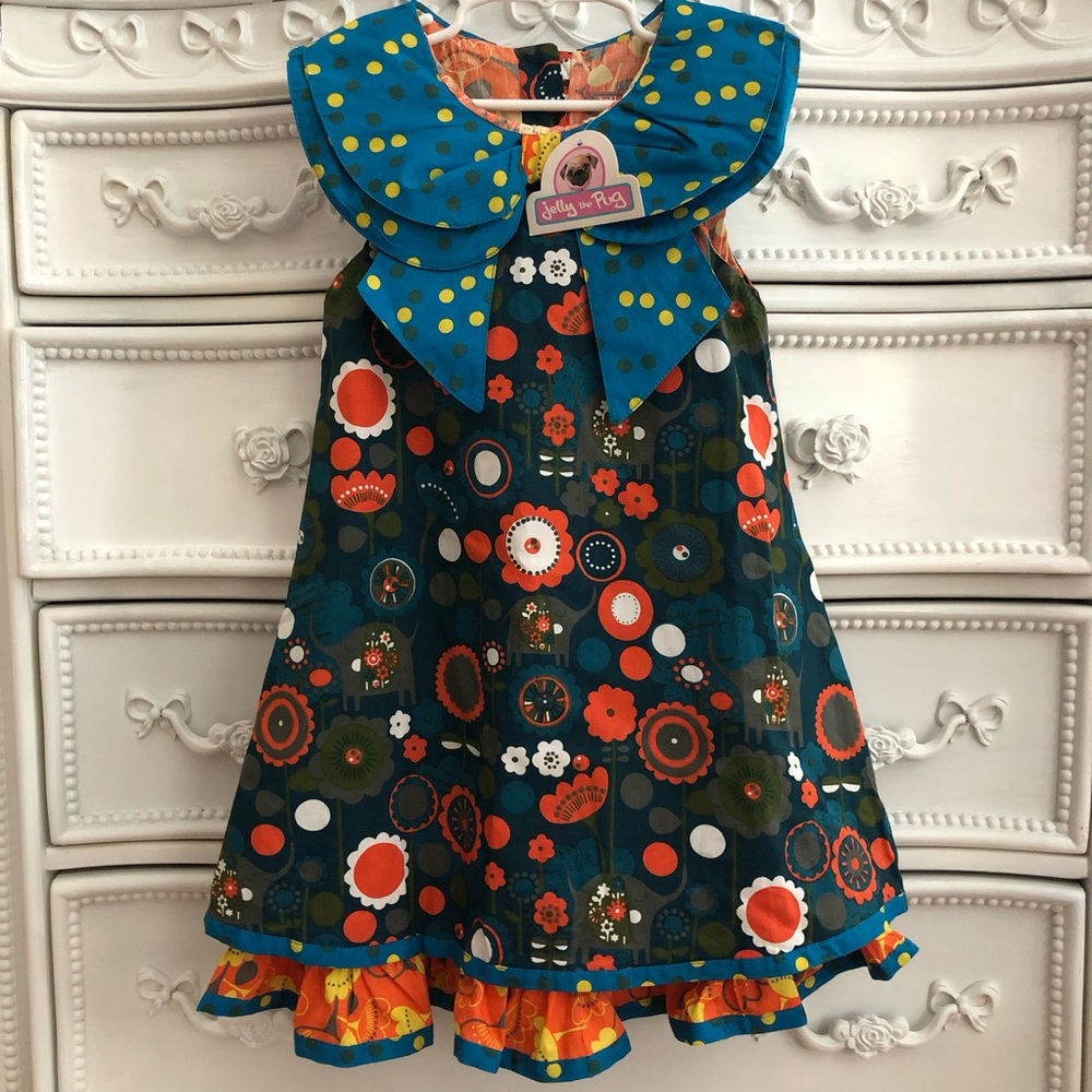 NWT Jelly the Pug crisp cotton Fall Dress teal orange size 6